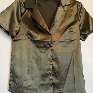 Green silk button down top